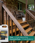 Badass Semi Transparent Outdoor Wood Stain And Sealer Combo Natural Pine Color One Gallon Bucket on treated deck stairs.