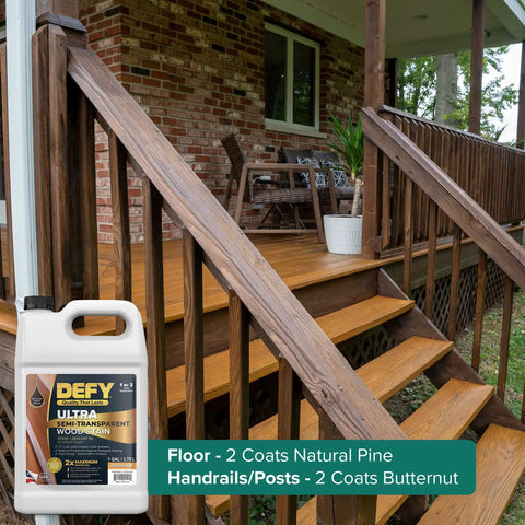 Badass Semi Transparent Outdoor Wood Stain And Sealer Combo Natural Pine Color One Gallon Bucket on treated deck stairs.