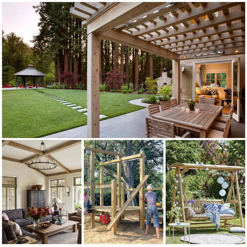 Outdoor deck with Concealed Joist Hangers Kit for 2x4 framing, black powder coated Q235B steel, swing frame, and patio furniture.