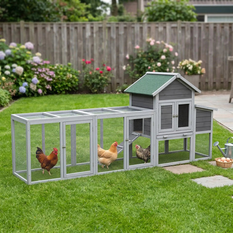 Spacious Wooden Chicken Coop And Rabbit Hutch For Outdoors With Nesting Box, waterproof roof, and sliding door in backyard
