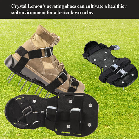 Lawn Aerator Shoes With Spike Tines for Easy Soil Aeration on grass, showing adjustable three strap buckle and durable plates.