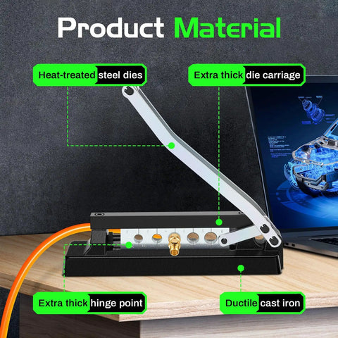 Heavy Duty Hose Crimper And Crimping Tool With Ferrules Pack Of 50, showcasing construction with heat-treated steel dies and ductile cast iron.