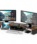 Dual Monitor Desk Riser With Drawer in Rustic Brown, Built In Phone Holder, Customizable Organizer Tray With Dividers, Side Caddies For Extra Storage, Keeps Your Home Office Setup Clean And Ready, shown with dual monitors and accessories