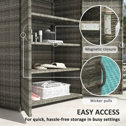 Sturdy Wicker Outdoor Storage Cabinet With Four Shelves And Two Doors, showing open shelving with pool towels, spa products, mixed gray rattan.