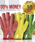 Premium Cut Resistant Kitchen Gloves Level 5 EN388 For Meat, Veggies And Wood Carving shown in red, yellow, green colors