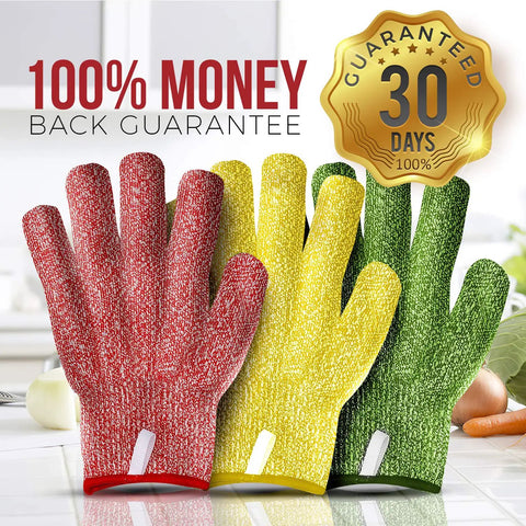 Red, yellow, and green EN388 Level 5 Cut Resistant Kitchen Gloves for Meat Veggies and Wood Carving displayed on a counter.