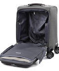 Open Underseat Spinner Tote With USB Port For Easy Travel 16 Inch Carry On Luggage In Vintage Grey with smooth 360-degree wheels