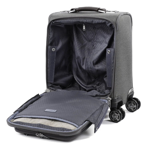 Open Underseat Spinner Tote With USB Port For Easy Travel 16 Inch Carry On Luggage In Vintage Grey with smooth 360-degree wheels