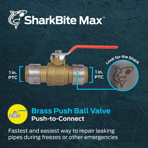 Push-To-Connect Brass Ball Valve 1 Inch By 1 Inch Water Shut-Off Fitting For PEX Copper CPVC PE-RT SDR-9 HDPE Piping No Solder