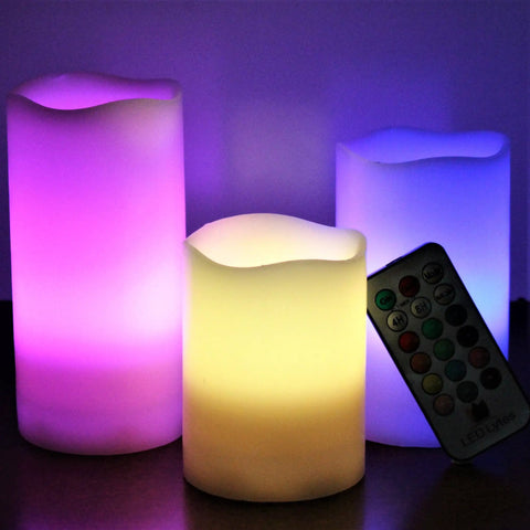 Multi Colored Flameless Candles Set Battery Operated With Remote Control Flickering Flame Ivory Wax Pillars 3-Pack Display