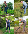 People using 2 In 1 Garden Hoe Cultivator With 62 Inch Long Handle Stirrup Weeder And Soil Loosener Heavy Duty 4 Prong Tiller outdoors
