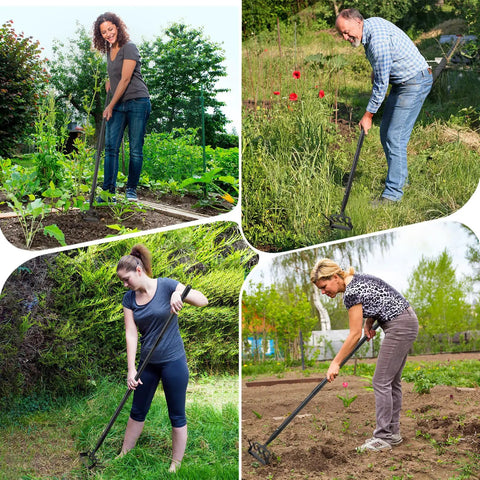 People using 2 In 1 Garden Hoe Cultivator With 62 Inch Long Handle Stirrup Weeder And Soil Loosener Heavy Duty 4 Prong Tiller outdoors