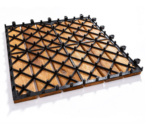 Bottom view of 12x12 Inch Solid Wood Interlocking Flooring Tiles Pack Of 9 in Real Acacia Hardwood with plastic snap together base.