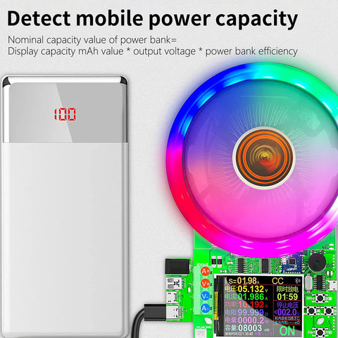 180W DC Electronic Load Tester Workhorse With USB Port, Lithium Battery Capacity Tester, Color LCD Data Monitor, Four Working Modes CC CV CW CR, Real Time Safety Protections For Accurate Discharge Testing. Power bank capacity test setup with LCD display and board.
