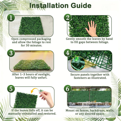 Installation guide for 24 Pack 20x20 Inches Artificial Boxwood Panels For Privacy Hedge Screen Outdoor Indoor Garden Fence