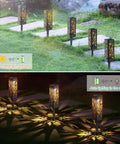 Upgraded Solar Pathway Lights Bigger And Brighter Outdoor LED Landscape Lighting illuminated at night, charging during day