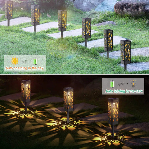Upgraded Solar Pathway Lights Bigger And Brighter Outdoor LED Landscape Lighting illuminated at night, charging during day