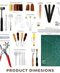 Leather Working Kit All In One Tools Set For Belts Bags Wallets Shoes And Crafts With Hole Puncher Cutting Mat Awl Stitching Tools For Beginners And Pros, including hammer, needles, and cutting mat.