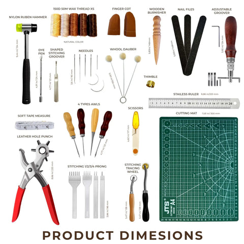 Leather Working Kit All In One Tools Set For Belts Bags Wallets Shoes And Crafts With Hole Puncher Cutting Mat Awl Stitching Tools For Beginners And Pros, including hammer, needles, and cutting mat.