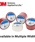 Five rolls of Construction Seaming Tape 8087CW in various widths with labels, showcasing red and white options.