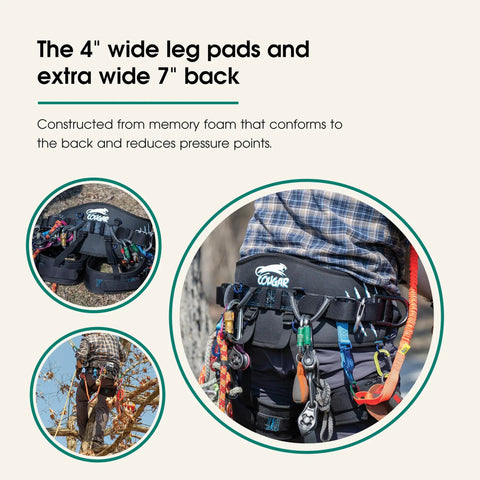 Pro Tree Saddle Harness With Memory Foam Back Support And Leg Straps For Arborist Climbing Gear in use, medium size