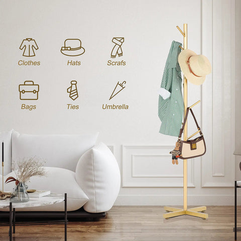 Freestanding Metal Coat Rack With Eight Hooks For Entryway Or Office, Easy To Assemble Modern Coat Tree In Golden Finish