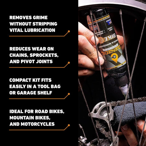 All In One Chain Cleaning Kit Built For Riders With Wet And Dry Lube Performance Includes 4 Oz CLP used on bike sprocket