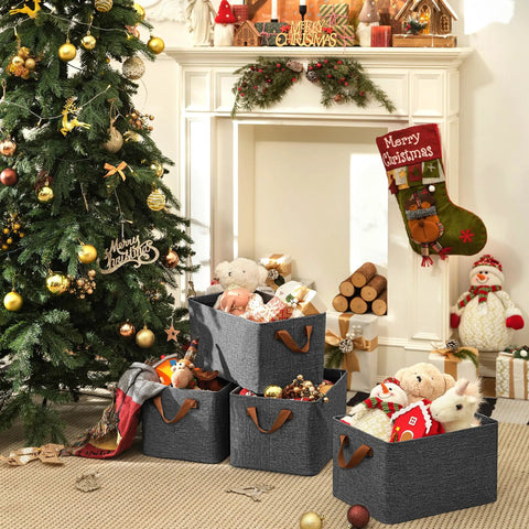 Extra Large Shelf Storage Baskets With Metal Frame Linen Fabric Storage Bins For Dorm Closet Or Room Gray Durable Organizer Containers 2 Pack Great For Dorm Rooms And Closet Organization No Mess Easy in festive decor setting with holiday toys