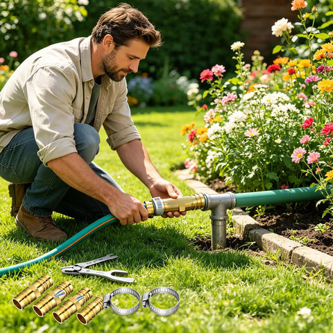 Top Notch Garden Hose Repair Kit With Four Solid Brass Connectors And Eight Stainless Steel Clamps, Perfect For Fixing Leaky Hoses On 0.63 To 0.75 Inch Lines At Home Or In The Yard Without Any Hassle, man repairing garden hose