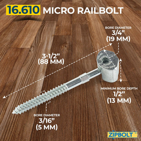Low Profile Handrail Connector Micro Railbolt, 3-1/2 inch length, heavy duty for staircase fittings and newel posts.