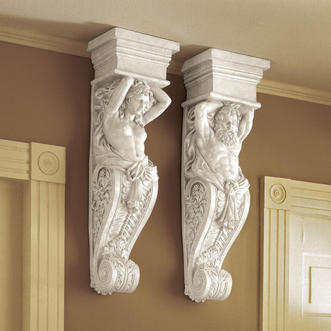 Telamon Wall Sculpture In Antique Stone Finish, Hand Cast With Real Crushed Stone, Durable Resin Wall Decor For Indoor Or Outdoor Spaces