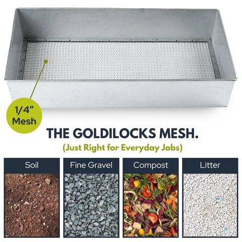 Wide Soil Sifter for Garden and Landscaping 17.5 by 11.5 Inch Mesh Sieve with 1/4 Inch Holes shown with examples of soil types.