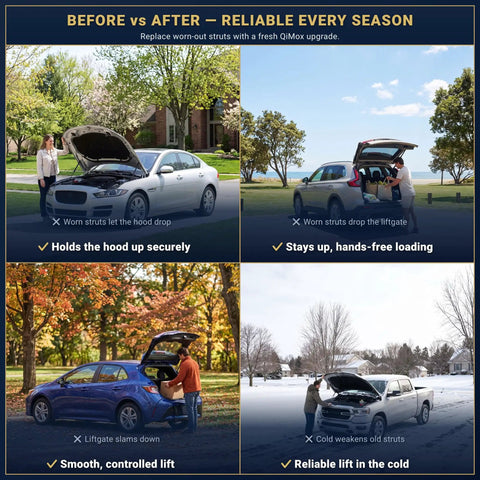 Comparison of worn struts vs new Lexus RX 350 RX 450h Liftgate Struts 2010-2015, showcasing improved hood and hatch lift.