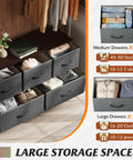 Five Drawer Fabric Dresser For Bedroom And Closet Storage, Wide Chest Of Drawers With Fabric Bins, Dark Grey, Super Space Saving Organizer showing open drawers with clothes.