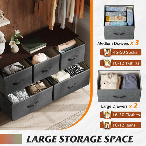Five Drawer Fabric Dresser For Bedroom And Closet Storage, Wide Chest Of Drawers With Fabric Bins, Dark Grey, Super Space Saving Organizer showing open drawers with clothes.