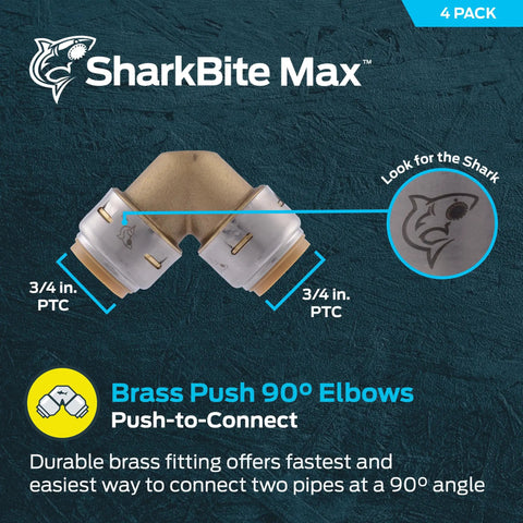 Three Quarter Inch 90 Degree Push To Connect Brass Plumbing Elbow Fitting Pack Of Four for quick install in tight spaces.