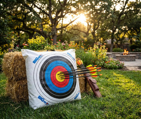 Beast-Size Outdoor Archery Target Bag 36 By 30 By 11 Inches, high-density fill with arrows on grass in a garden setting