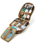 Scherber Premium IFAK trauma kit in camouflage MOLLE pouch, stocked with CAT tourniquet and chest seals.