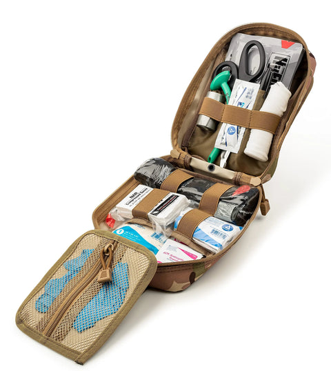 Scherber Premium IFAK trauma kit in camouflage MOLLE pouch, stocked with CAT tourniquet and chest seals.
