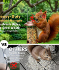 Squirrel interacting with an all metal brushed copper bird feeder with six feeding ports for outdoor hanging, comparing stability.
