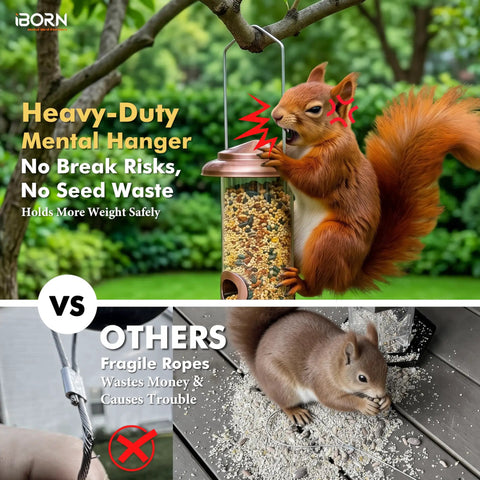 Squirrel interacting with an all metal brushed copper bird feeder with six feeding ports for outdoor hanging, comparing stability.