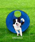 Dog running through 10 Foot Dog Agility Tunnel For All Breeds, Tear Resistant Oxford Cloth Training Tunnel For Indoor And Outdoor Use, Blue.