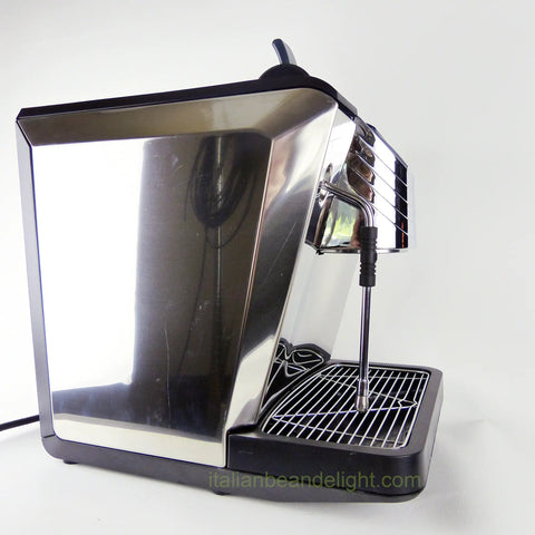 Side view of Oscar Direct Connect Version Black Espresso Machine with copper boiler, 110V power, compact 32cm width, black color.