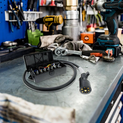 7 Pin Trailer Wiring Harness Plug Inline Cord Kit With 7 Way Junction Box And 4 Ft Cord on workshop table