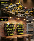 Wall Mount Tool Organizer With 3 Tier Heavy Duty Metal Rack For 4 Drills Plus Screwdriver And Hammer Holder 150 Lb Capacity Garage And Workshop Storage No Fuss installed in a workshop, organized tools visible.