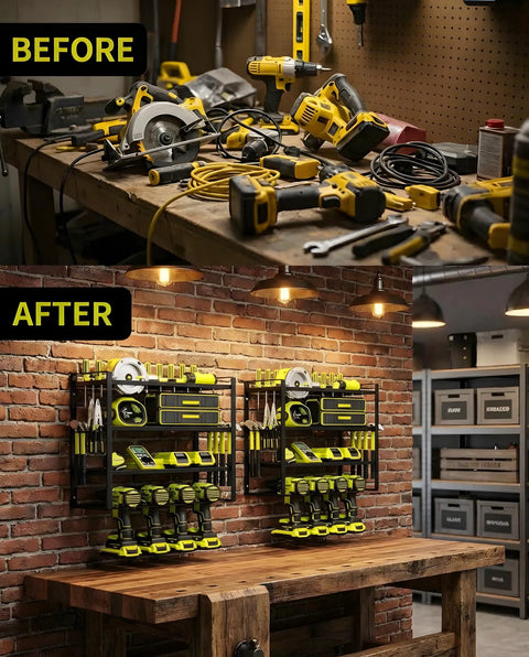 Wall Mount Tool Organizer With 3 Tier Heavy Duty Metal Rack For 4 Drills Plus Screwdriver And Hammer Holder 150 Lb Capacity Garage And Workshop Storage No Fuss installed in a workshop, organized tools visible.