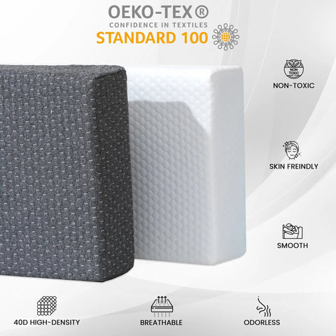 Premium Memory Foam Cube Pillow Made Straight For Real Side Sleepers Measuring 24 By 12 By 5 Inches in black and white textures.