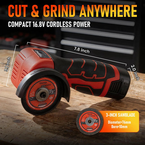 Cordless 3 Inch Angle Grinder Kit With Dual 16.8V 2000mAh Batteries, Six Cutting Discs, Up To 19,500 RPM, on a wooden surface