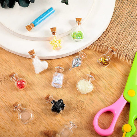 Big Time Favorite Mini Glass Jars With Cork Stoppers, 50 Pack Super Cute Wishing Bottles in 10 Unique Styles, assorted jars with corks and colored contents