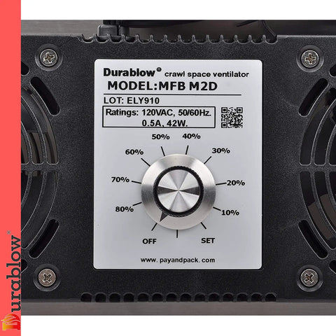 Close-up of the 220 CFM Stainless Steel Crawl Space Vent Fan Kit With Dual Fans, Dehumidistat, thermostat control knob